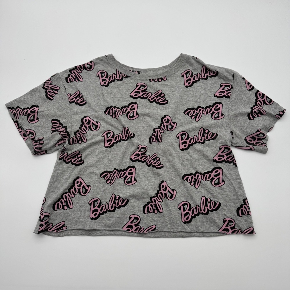 Barbie Womens All Over Logo Print Crop‎ Top Heather Gray Pink Short Sleeve Tee L